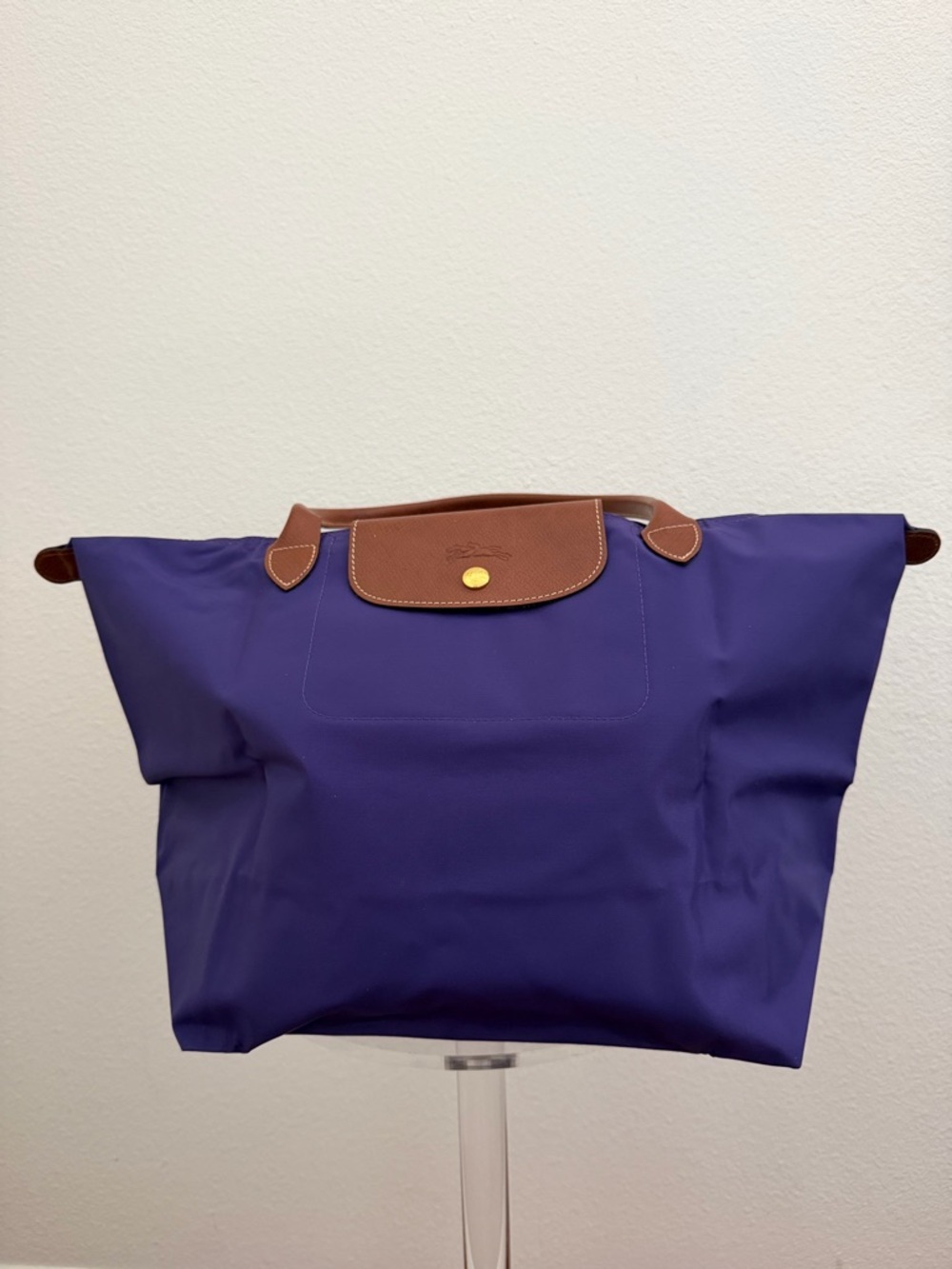 Longchamp Le Pliage Original Top Handle Bag in purple & brown leather - Picture 6 of 13